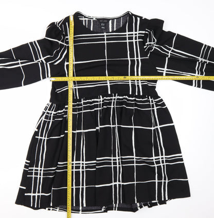 New Look Women Black Check Long Sleeve A-Line Dress Size 12