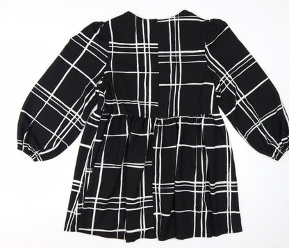 New Look Women Black Check Long Sleeve A-Line Dress Size 12