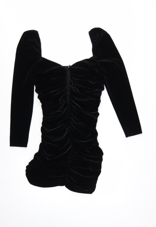 Zara Women Black Velvet Ruched Bodycon Mini Dress Size 12