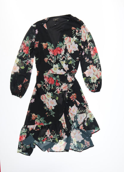 Lipsy Women’s Black Floral Wrap Hi-Low Chiffon Dress Size 12