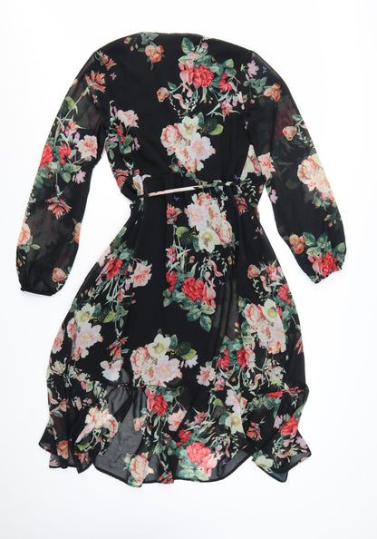 Lipsy Women’s Black Floral Wrap Hi-Low Chiffon Dress Size 12