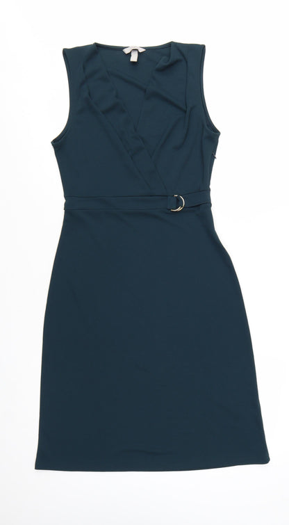 H&M Women Green Sleeveless Wrap Dress Belted Size S