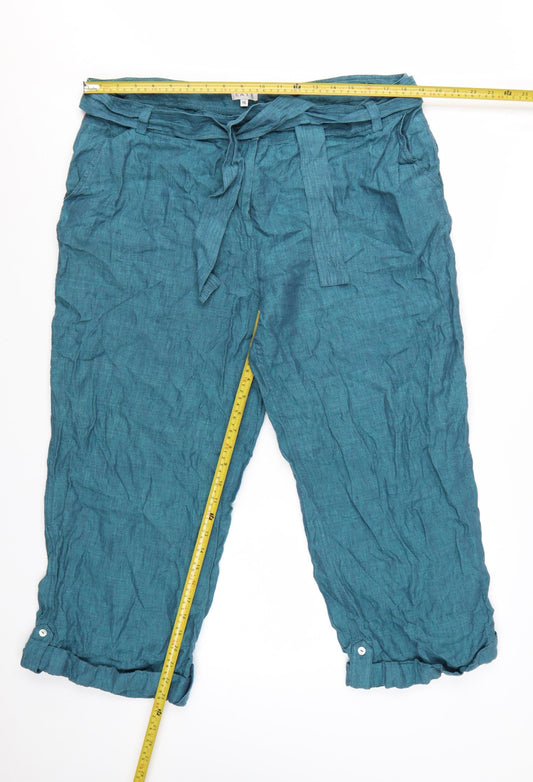 East Women's Blue Linen Cropped Belted Trousers Size 16