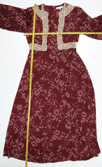 Marks and Spencer Per Una Women's Red Floral A-Line Midi Dress Size 12