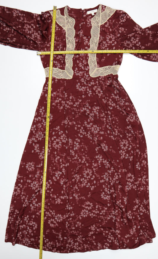 Marks and Spencer Per Una Women's Red Floral A-Line Midi Dress Size 12