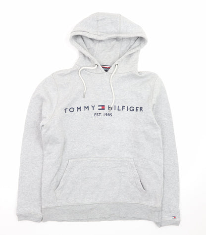 Tommy Hilfiger Men’s Grey Pullover Hoodie S Logo Fleece Sweatshirt