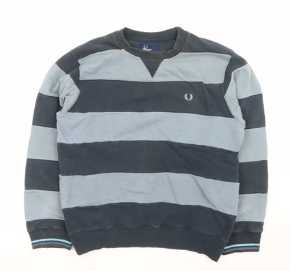 Fred Perry Men's Blue Striped Crew Neck Pullover Sweatshirt L