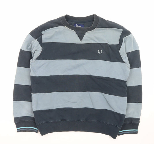 Fred Perry Men's Blue Striped Crew Neck Pullover Sweatshirt L