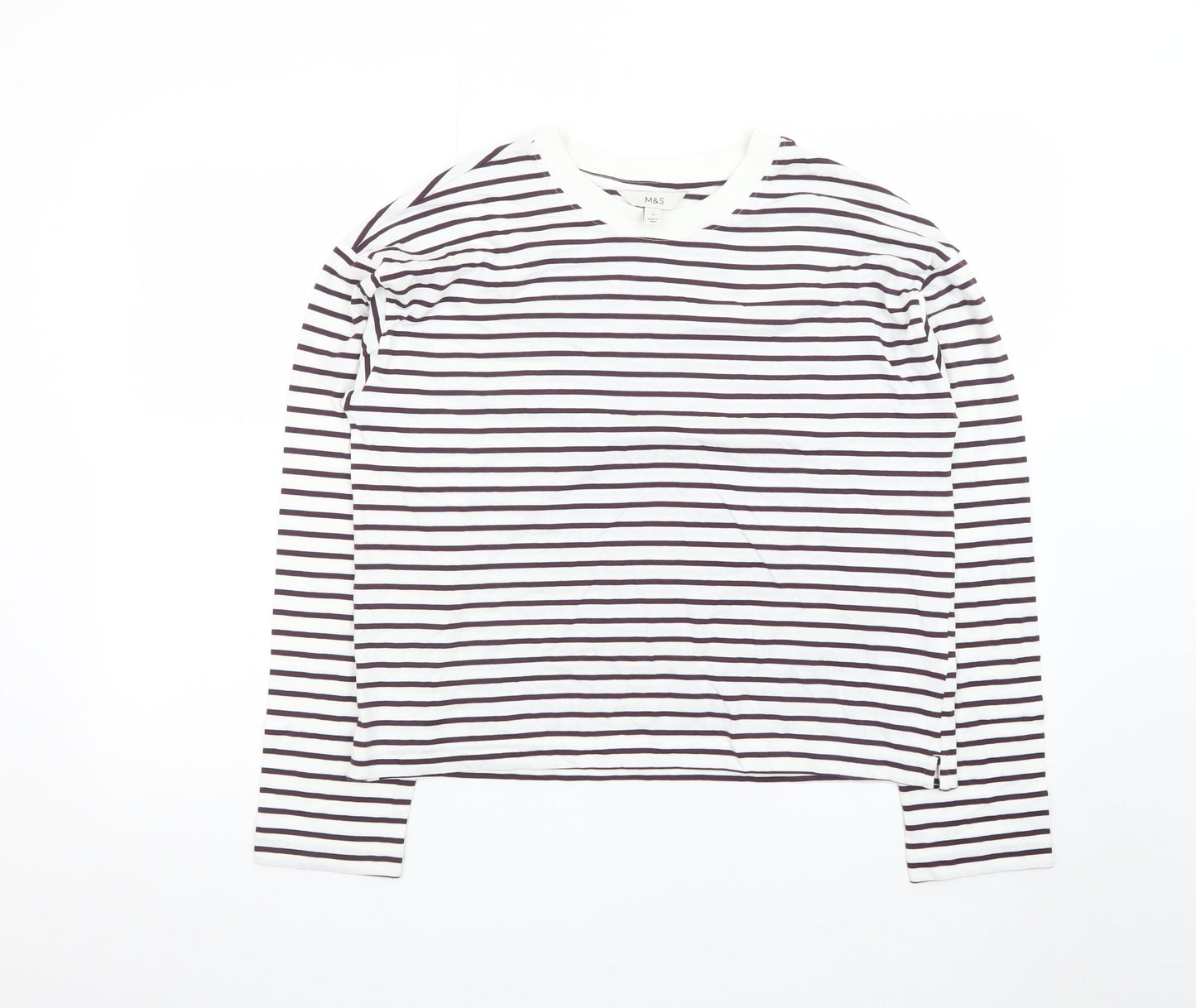 Marks and Spencer Womens White Striped Long Sleeve Cotton T-Shirt Size 12