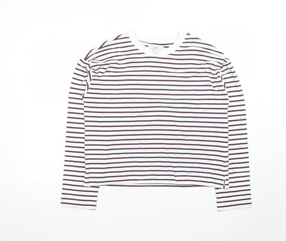 Marks and Spencer Womens White Striped Long Sleeve Cotton T-Shirt Size 12