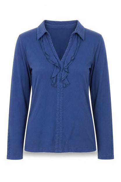 Oscar B. Women’s Blue Ruffle Long Sleeve Cotton Blend Blouse Size S