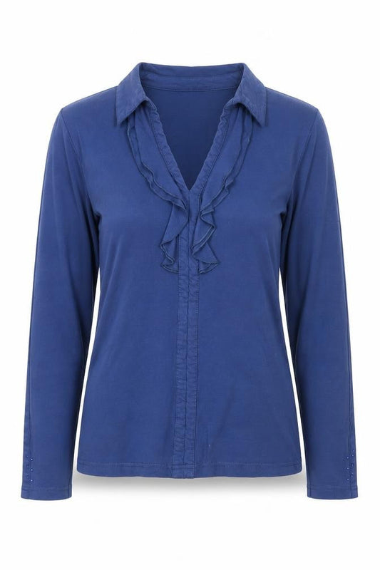Oscar B. Women’s Blue Ruffle Long Sleeve Cotton Blend Blouse Size S