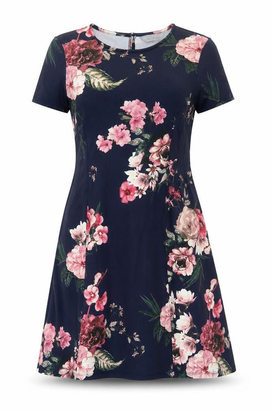 Front view of Dorothy Perkins Women's Blue Floral A-Line Dress, size 10