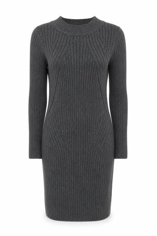 New Look Women Grey Ribbed Knit Bodycon Long Sleeve Dress Size 10