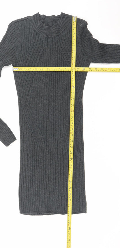 New Look Women Grey Ribbed Knit Bodycon Long Sleeve Dress Size 10