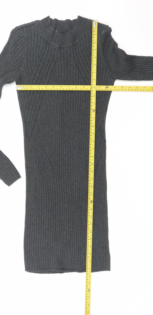 New Look Women Grey Ribbed Knit Bodycon Long Sleeve Dress Size 10