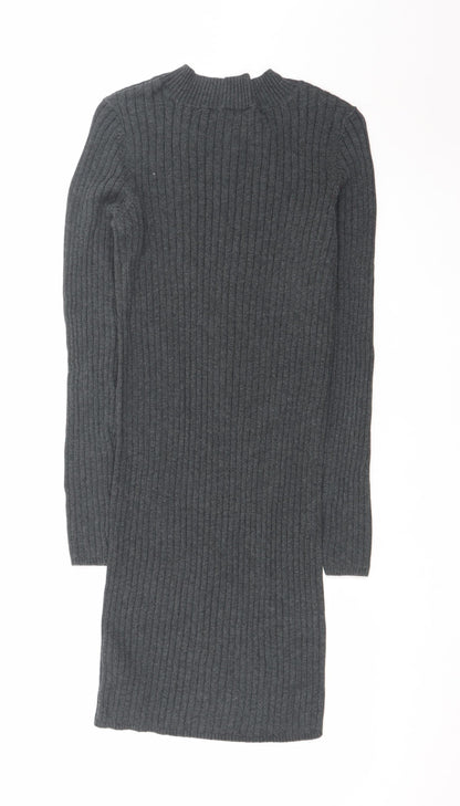 New Look Women Grey Ribbed Knit Bodycon Long Sleeve Dress Size 10