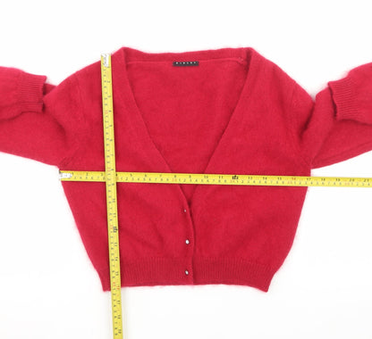 Benetton Women Red V-Neck Mohair Wool Cardigan Jumper Size 8