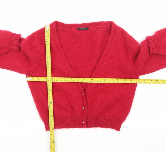 Benetton Women Red V-Neck Mohair Wool Cardigan Jumper Size 8