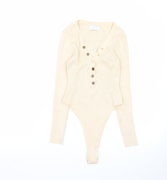 Quiz Womens Beige Long Sleeve Ribbed V-Neck Bodysuit Top Size M