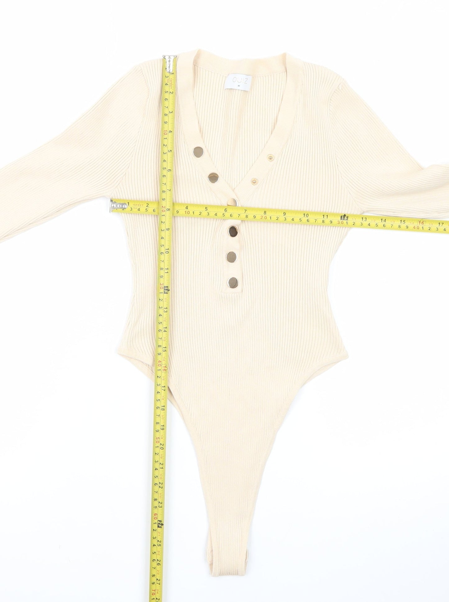 Quiz Womens Beige Long Sleeve Ribbed V-Neck Bodysuit Top Size M