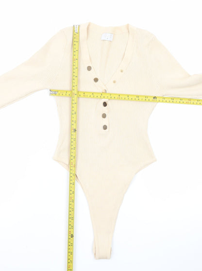 Quiz Womens Beige Long Sleeve Ribbed V-Neck Bodysuit Top Size M