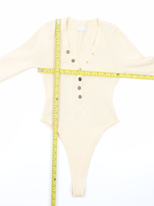 Quiz Womens Beige Long Sleeve Ribbed V-Neck Bodysuit Top Size M