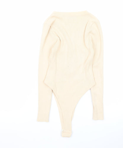 Quiz Womens Beige Long Sleeve Ribbed V-Neck Bodysuit Top Size M