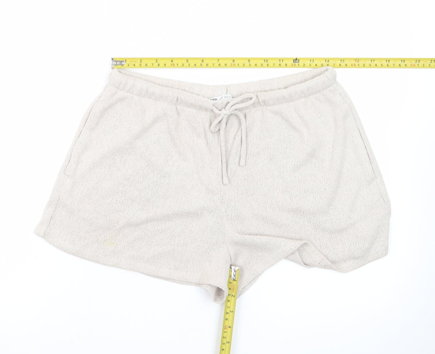 Zara Women Beige Knit Sweat Shorts Size 12 Drawstring Casual