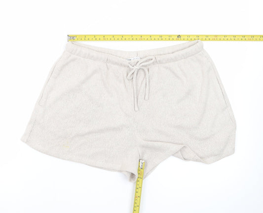 Zara Women Beige Knit Sweat Shorts Size 12 Drawstring Casual