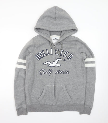Hollister Men Grey Full Zip Fleece Hoodie M Embroidered Logo