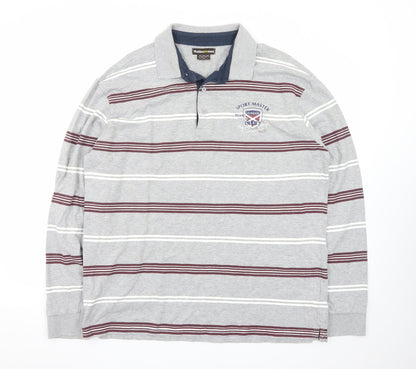 Atlas For Men Grey Striped Long Sleeve Polo Shirt L Regular Fit