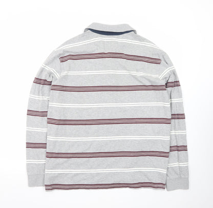 Atlas For Men Grey Striped Long Sleeve Polo Shirt L Regular Fit