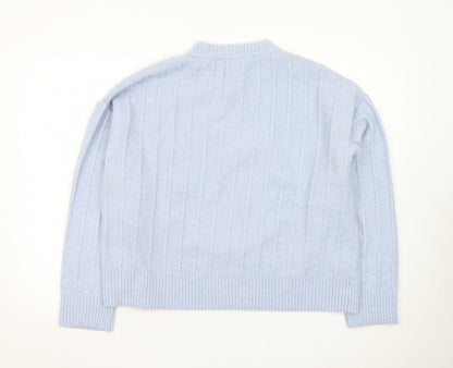 MNG Women Blue XL Wool Blend Cable-Knit Crew Neck Jumper