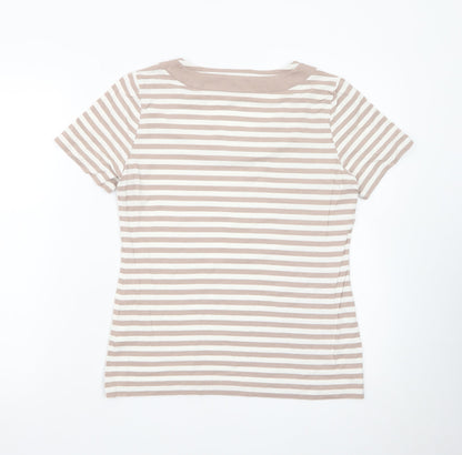 Jaeger Women Beige Striped Cotton Short Sleeve Basic T-Shirt M