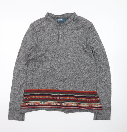 Polo Ralph Lauren Men's Grey Henley Jumper L Aztec Knit Cotton Blend