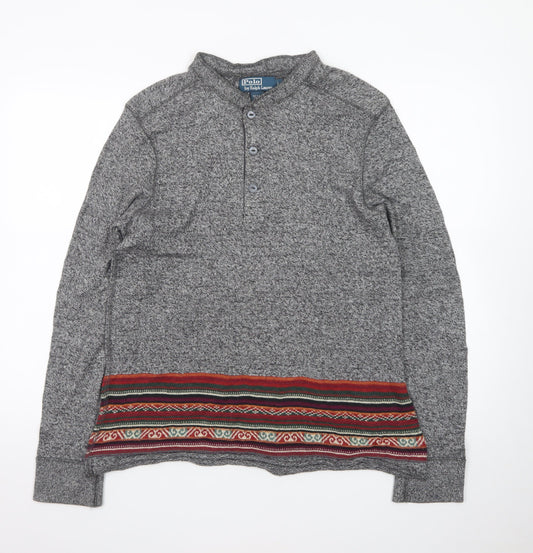 Polo Ralph Lauren Men's Grey Henley Jumper L Aztec Knit Cotton Blend