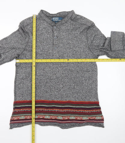 Polo Ralph Lauren Men's Grey Henley Jumper L Aztec Knit Cotton Blend