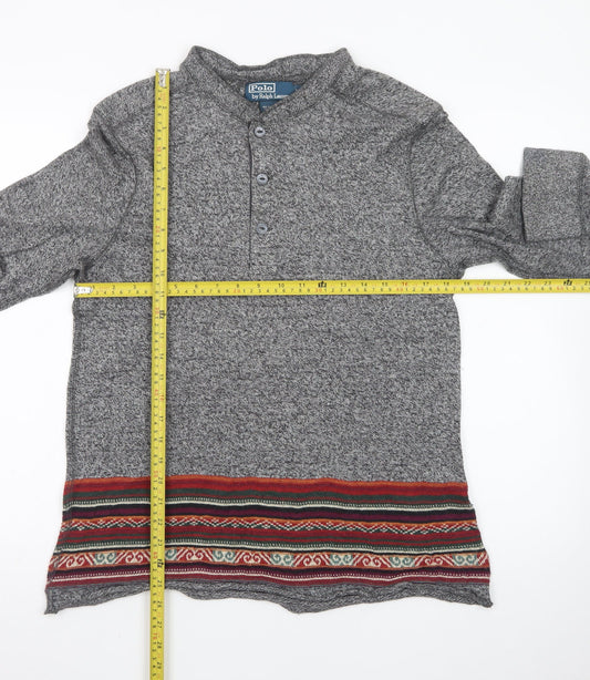 Polo Ralph Lauren Men's Grey Henley Jumper L Aztec Knit Cotton Blend