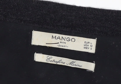 Mango Men Black Wool V-Neck Cardigan L Lightweight Knit