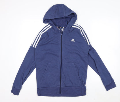 Adidas Boys Blue Full Zip Hoodie 13-14 Years Cotton Blend Lined Sportswear