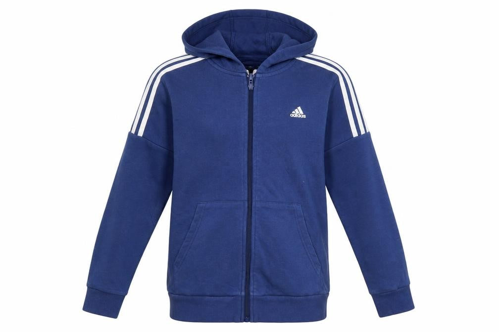 Front view of Adidas boys’ blue full zip hoodie 13-14 years cotton blend lined sportswear