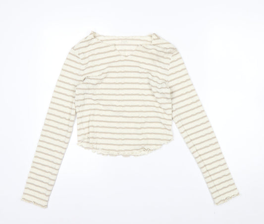 Next Womens Beige Striped Long Sleeve V-Neck T-Shirt UK 10