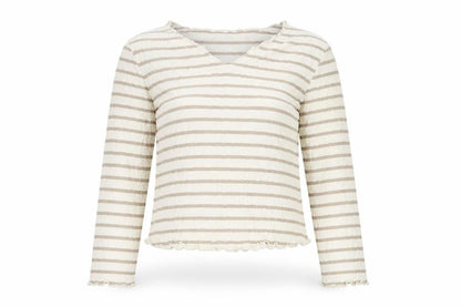 Next Womens Beige Striped Long Sleeve V-Neck T-Shirt UK 10