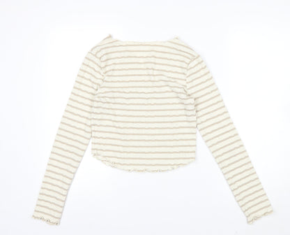 Next Womens Beige Striped Long Sleeve V-Neck T-Shirt UK 10