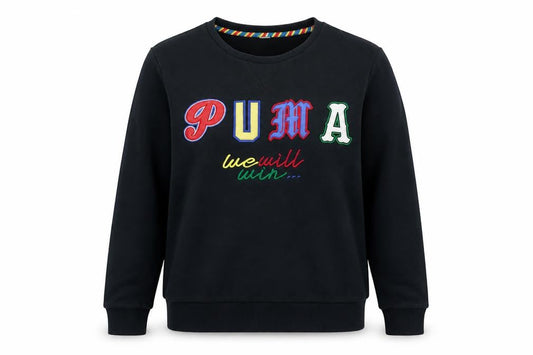 Front view of Puma women’s black medium pullover sweatshirt embroidered logo