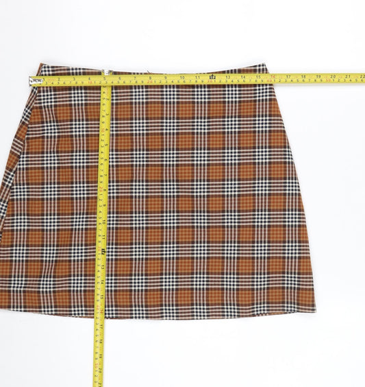 Monki Women's Brown Check A-Line Mini Skirt Size 12