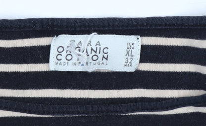 ZARA Women Black Striped Organic Cotton 3/4 Sleeve T-Shirt XL