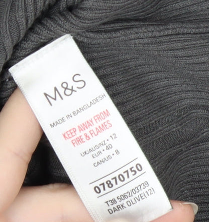Marks and Spencer Womens Dark Olive Ribbed Knit Long Sleeve Top Size 12