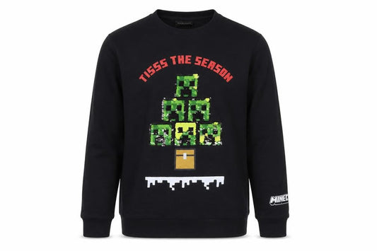 Front view of Minecraft boys’ black sequin christmas pullover sweatshirt 12-13 years